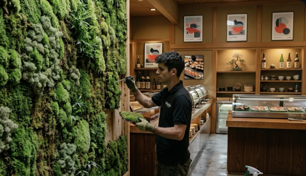 Instalación de un jardín vertical de musgo en un restaurante