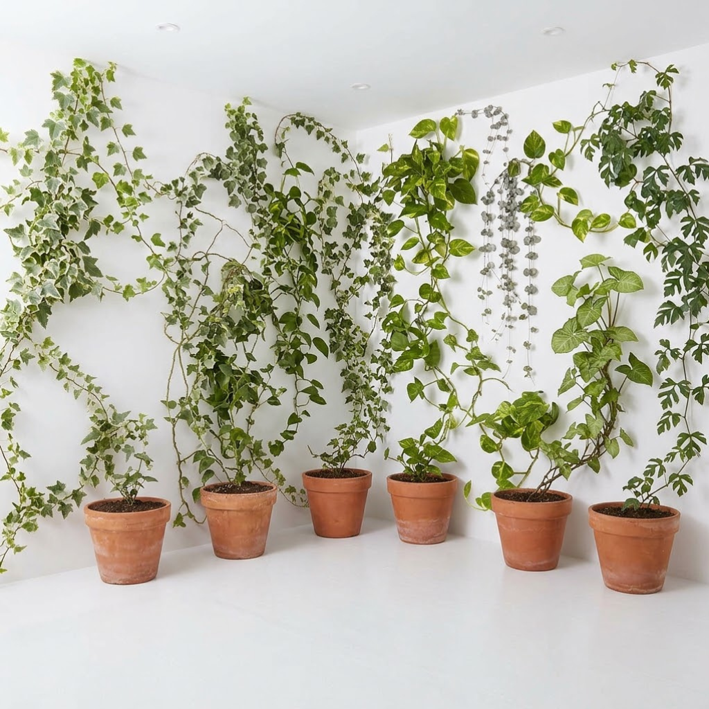 Plantas trepadoras en macetas de barro sobre una pared blanca