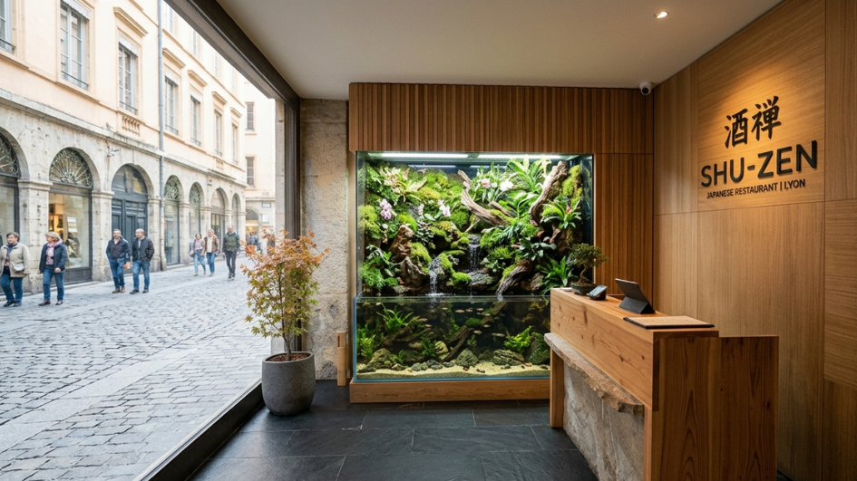 Recepción con jardín vertical tras el mostrador