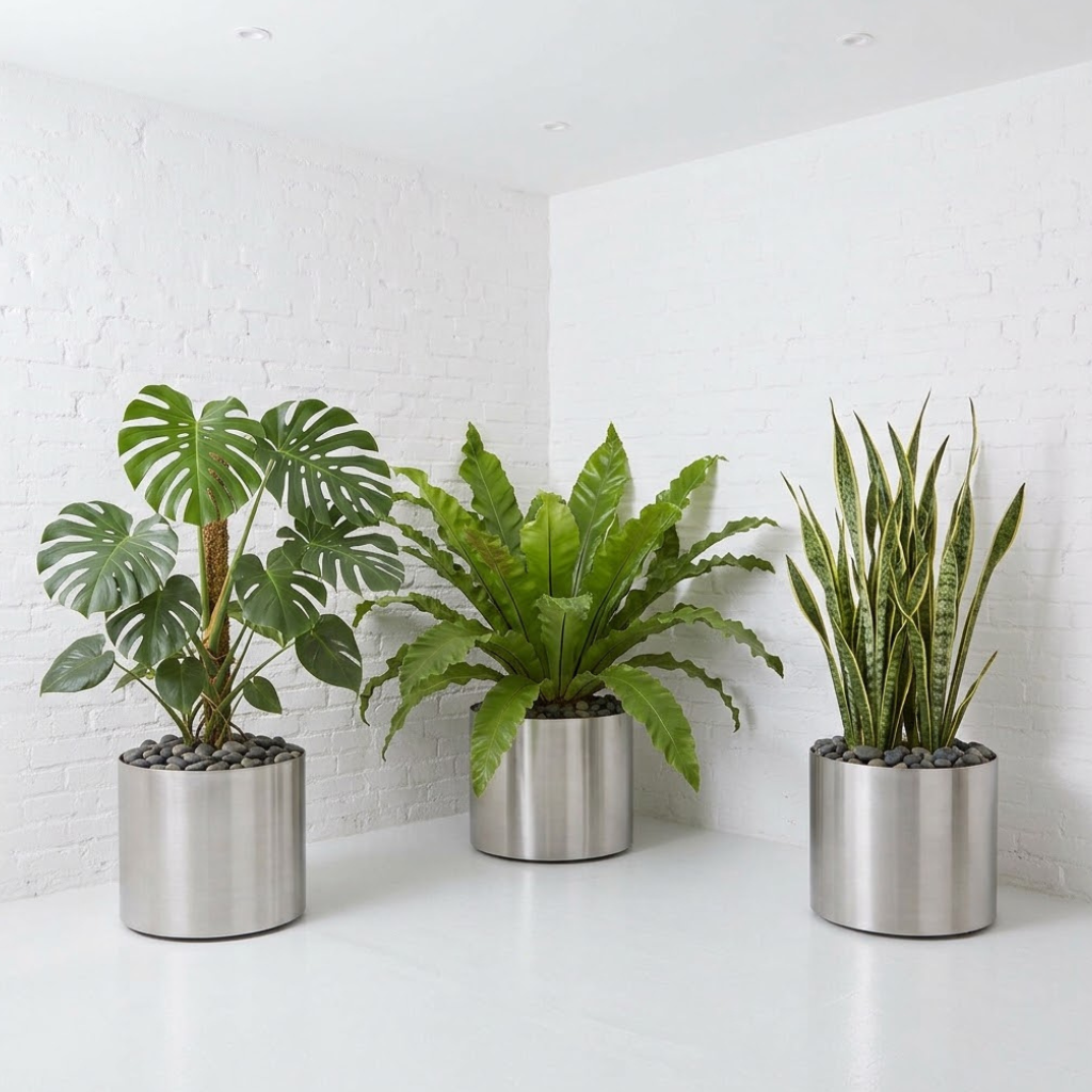 Plantas de interior de gran porte en maceteros de acero