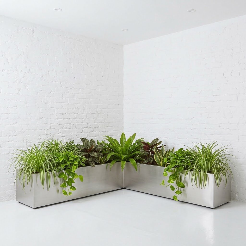Plantas en jardineras de acero sobre fondo claro