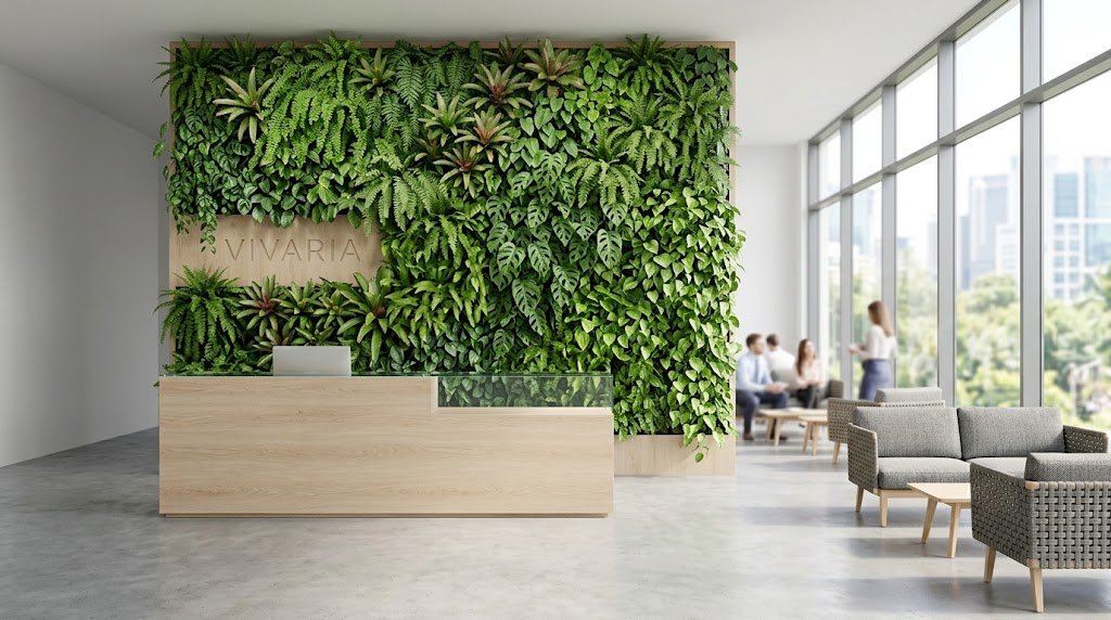 Recepción con jardín vertical y mostrador de madera