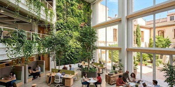 Oficina con jardín interior y vegetación abundante